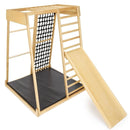 Klettergerüst, Sicherheitsmatte, zweiseitige Holzrutsche, Balancierscheibe, Ringe, Kletterseil mit Aufstiegshilfen