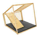 Klettergerüst, Sicherheitsmatte, zweiseitige Holzrutsche, Balancierscheibe, Ringe, Kletterseil mit Aufstiegshilfen