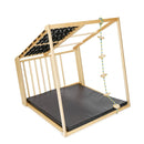 Klettergerüst, Sicherheitsmatte, zweiseitige Holzrutsche, Balancierscheibe, Ringe, Kletterseil mit Aufstiegshilfen