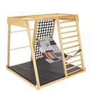 Klettergerüst, Sicherheitsmatte, zweiseitige Holzrutsche, Balancierscheibe, Ringe, Kletterseil mit Aufstiegshilfen