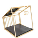 Klettergerüst, Sicherheitsmatte, zweiseitige Holzrutsche, Balancierscheibe, Ringe, Kletterseil mit Aufstiegshilfen