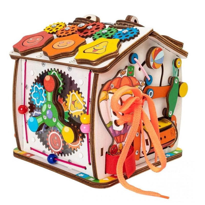 Busyhouse mit Beleuchtung kompakt, Montessori Holzspielzeug, Lernspielzeug - Hubschrauber - Bim-ba.Shop
