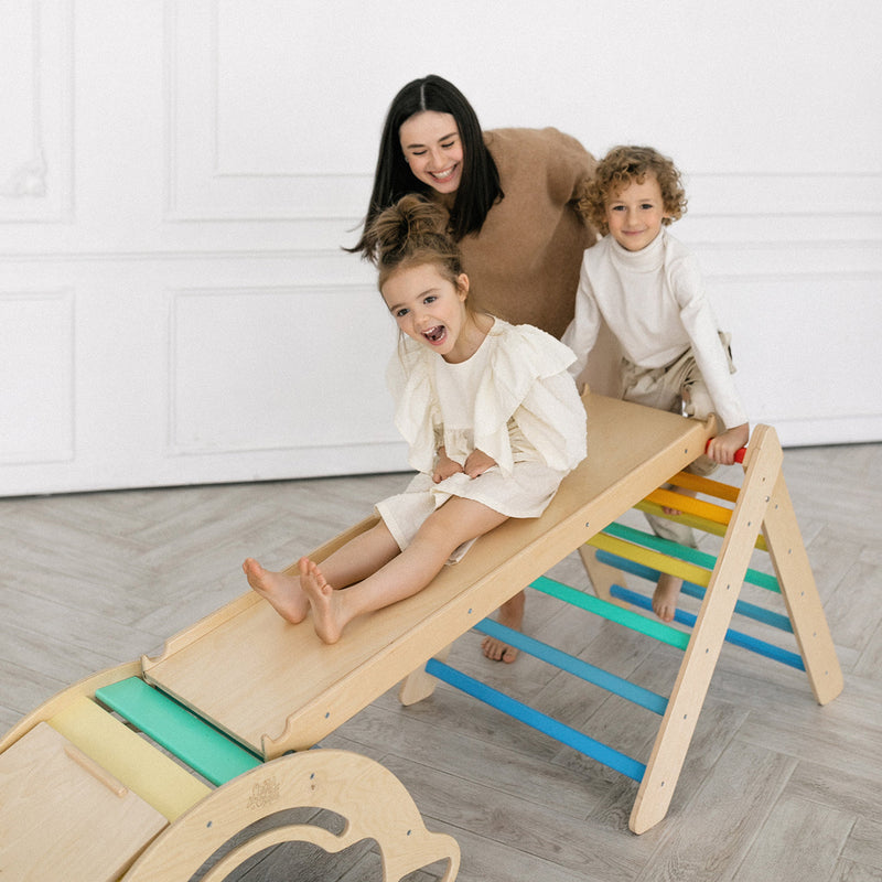 Großes Montessori® Set - Dreieck + 2 Rutschen/Kletterleitern + Schaukel - Hell