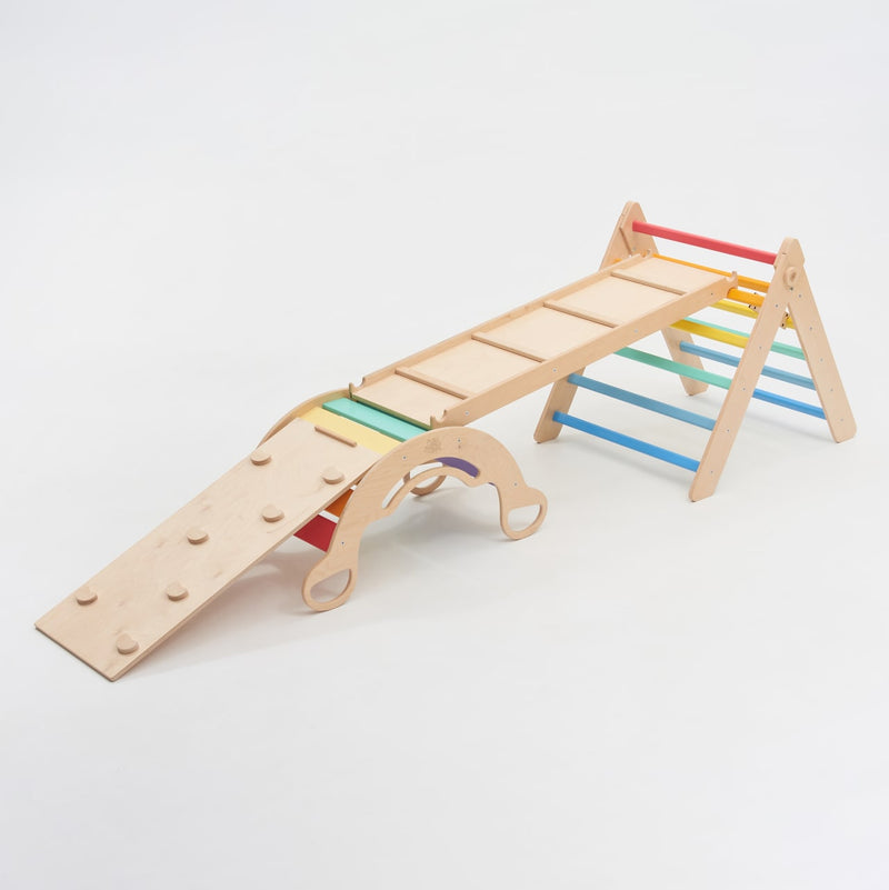 Großes Montessori® Set - Dreieck + 2 Rutschen/Kletterleitern + Schaukel - Hell