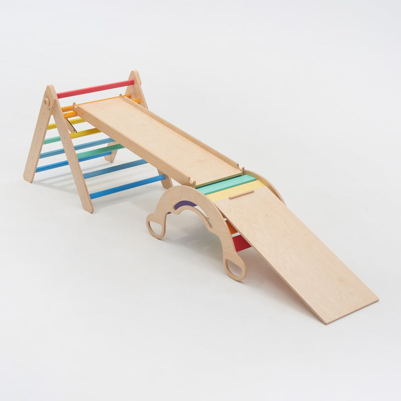 Großes Montessori® Set - Dreieck + 2 Rutschen/Kletterleitern + Schaukel - Hell