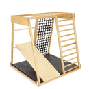 Klettergerüst, Sicherheitsmatte, Holzrutsche, Ringe, Tau, Hängeschaukel mit Rückenlehne